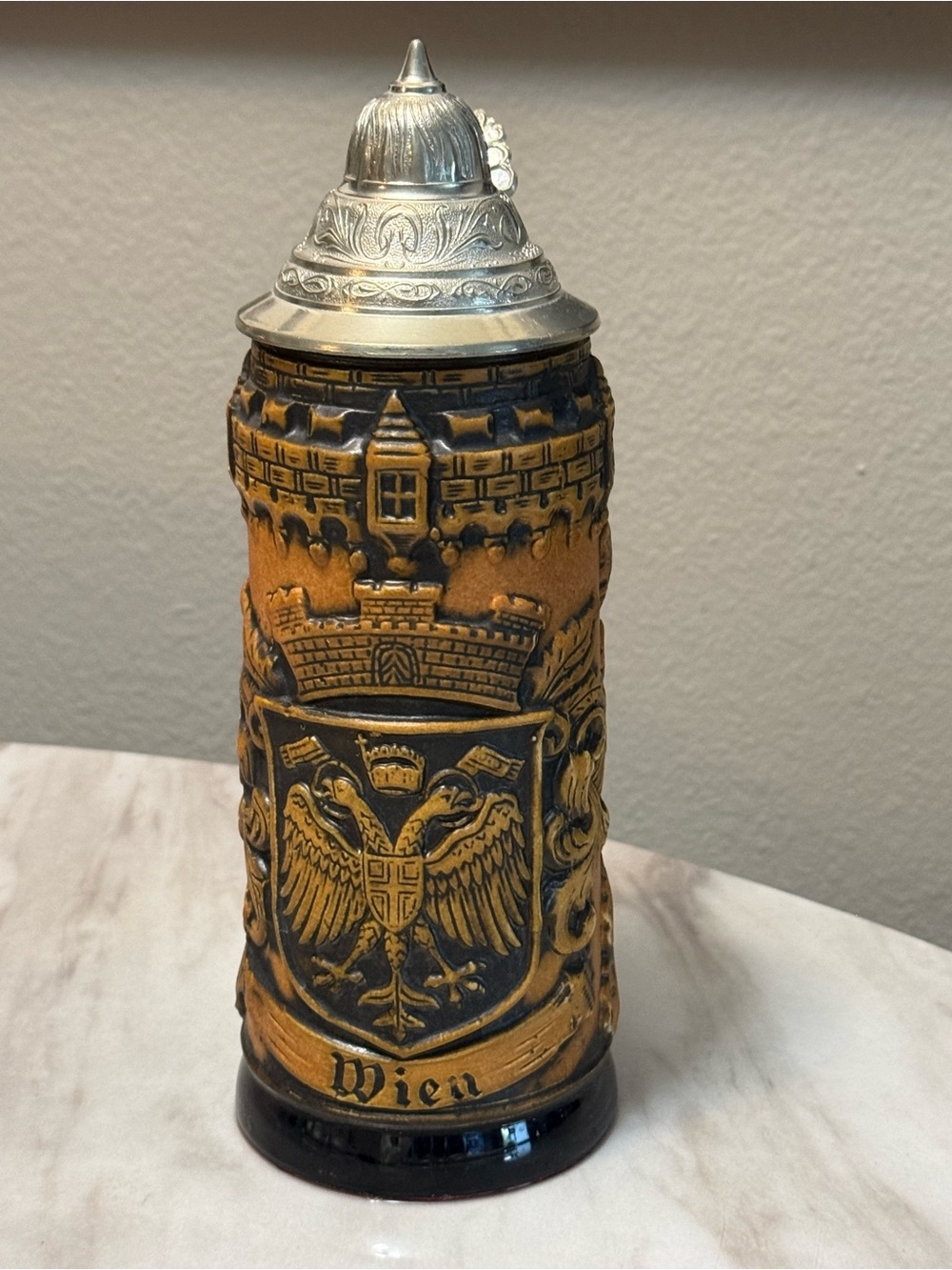 Lidded Beer Stein Hinged Metal Lid & Handle "Wien" Raised Relief Design